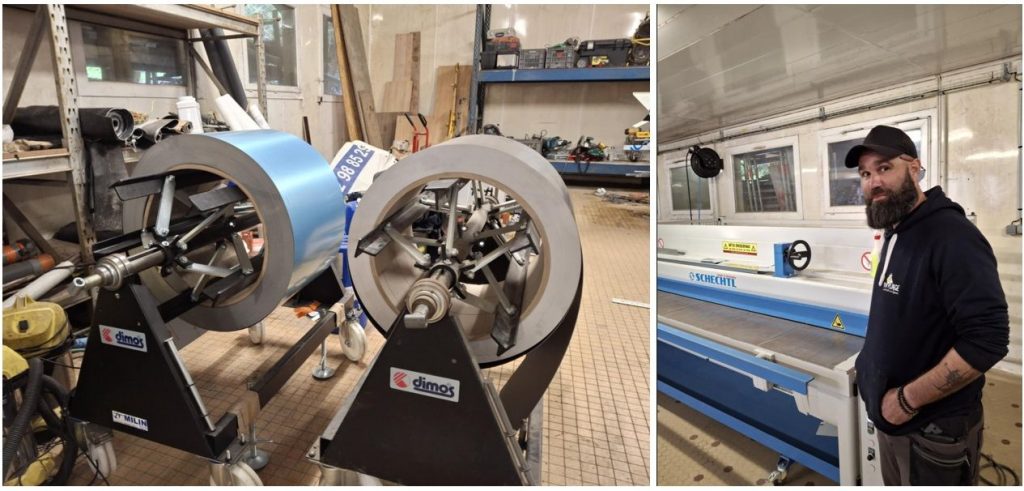 Aurélien Huger de HM Pliage devant une guillotine